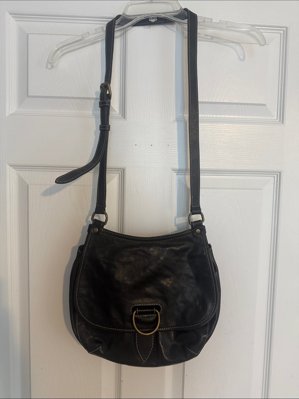 FRYE Black Leather Crossbody with Brass Ring Detail
